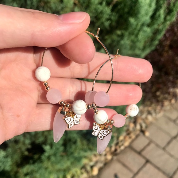 Rose Quartz White Turquoise Butterfly Hoop Earring - Picture 4 of 6